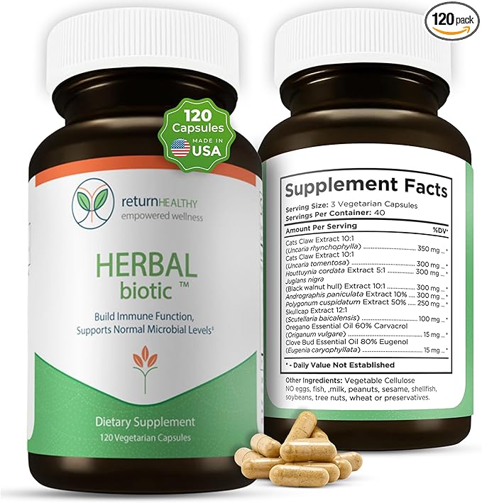 Herbal Biotic, Immune Support Vitamins, Natural Immune System Booster for Adults, Immune Support Supplement Enriched with Cat’s Claw for Probiotic Balance, Digestive Health, 120 Vegan Capsules