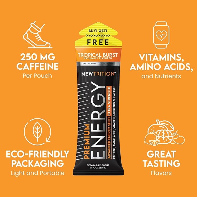 NewTrition® Extra Strength Energy Shots 1.7 fl oz - 250mg Caffeine with B Vitamins & Amino Acids, Sugar-Free Zero Calorie Vitamin Energy Drink for Focus & Endurance (Pack of 24, 8 Flavors - Mixed 1&2)