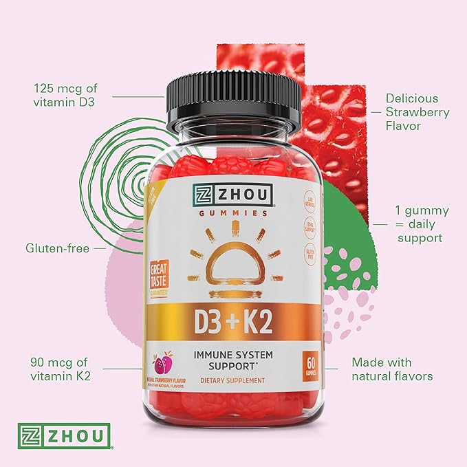 Zhou D3+K2 - Vitamin D3 K2 Supplement for Women & Men, Immune Support Vit D3 and K2 Gummy, Gelatin Free Formula with 5000 IU of D3 and MK-7 - 60 Veggie Gummies (Pack of 1)