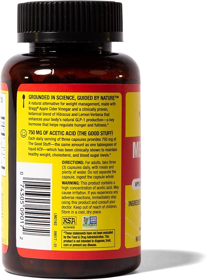 Bragg Metabolism Support Apple Cider Vinegar Capsules with Botanical Blend - 90 Capsules - Increased GLP-1 Support for Weight Management, Appetite Control, and Fullness