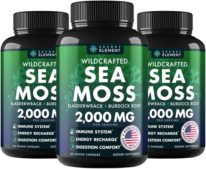Sea Moss Capsules - Irish Sea Moss Advanced with Burdock Root, Bladderwrack & Muira Puama for Immunity, Gut, & Energy - Superfood Sea Moss Supplements w/Raw Sea Moss Powder, 120 Capsules, (3 Pack)
