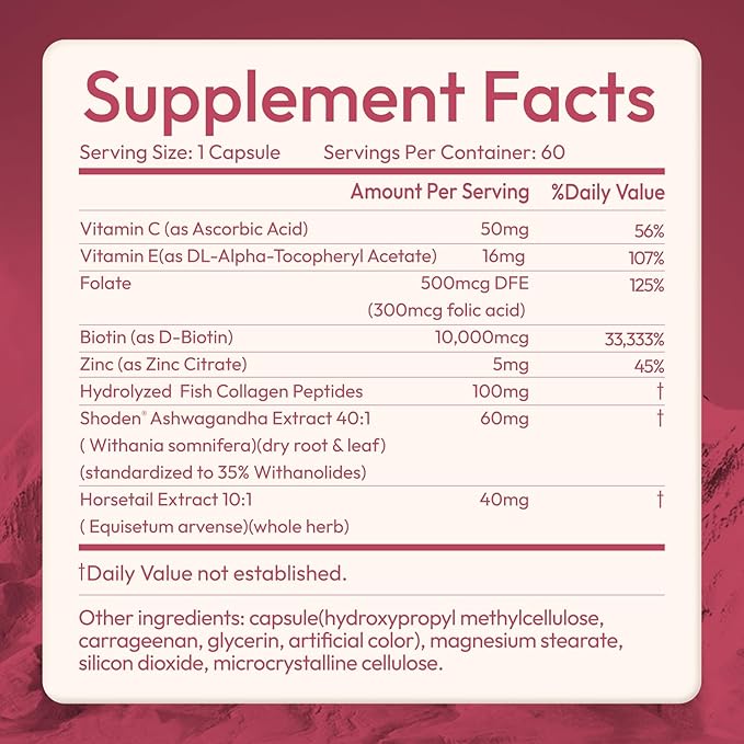 Biotin 10000mcg,Supports Healthy Hair, Skin and Nails Vitamins Supplement,Helps Balance Stress Levels and Mood,60 Capsules