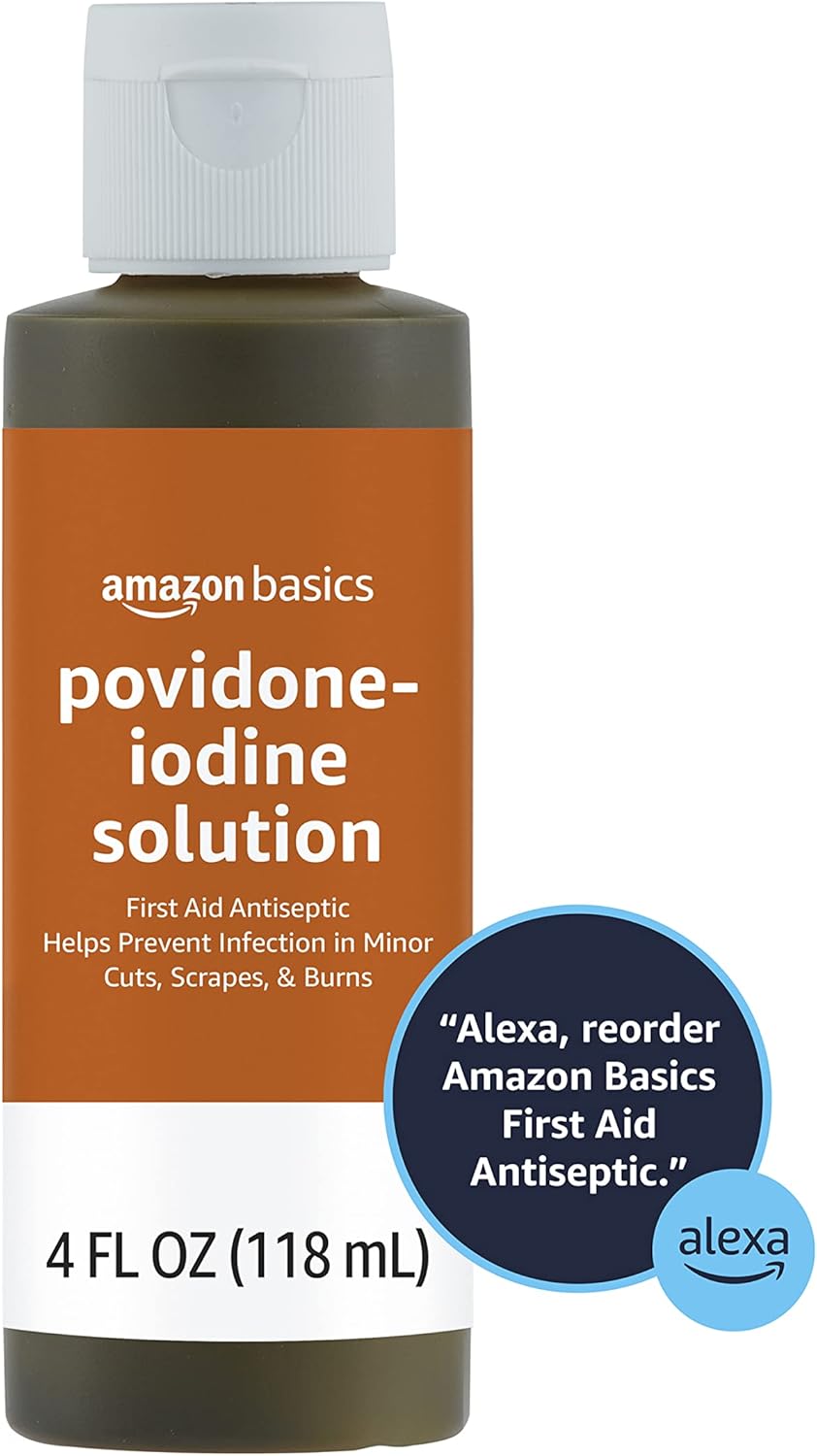 Amazon Basics First Aid Antiseptic, 10% Povidone Iodine Solution, 4 Fluid Ounces, 4-Pack (Previously Solimo)
