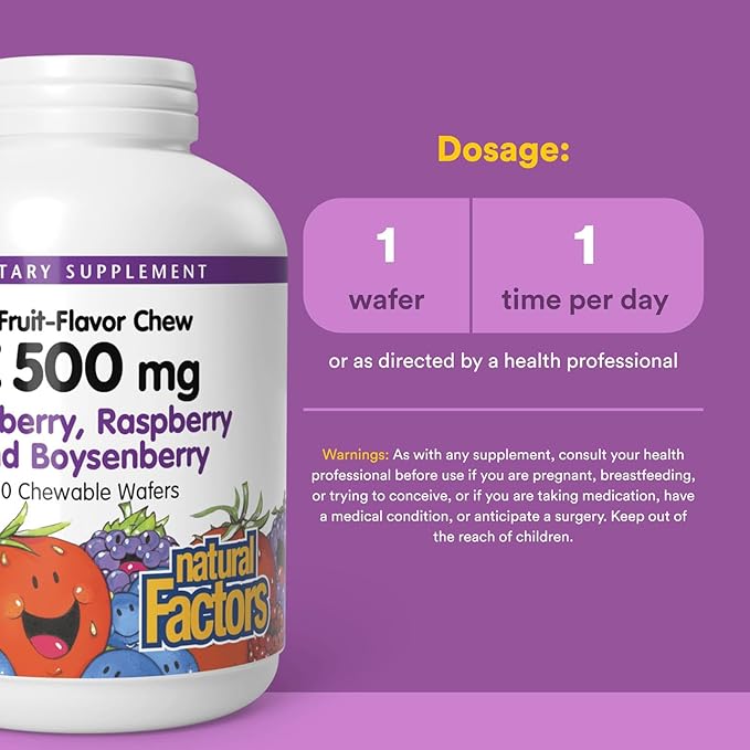 Natural Factors, Kids Chewable Vitamin C 500 mg, Supports Immune Health, Bones, Teeth and Gums, Blueberry, Raspberry and Boysenberry, 90 Count (Pack of 1)