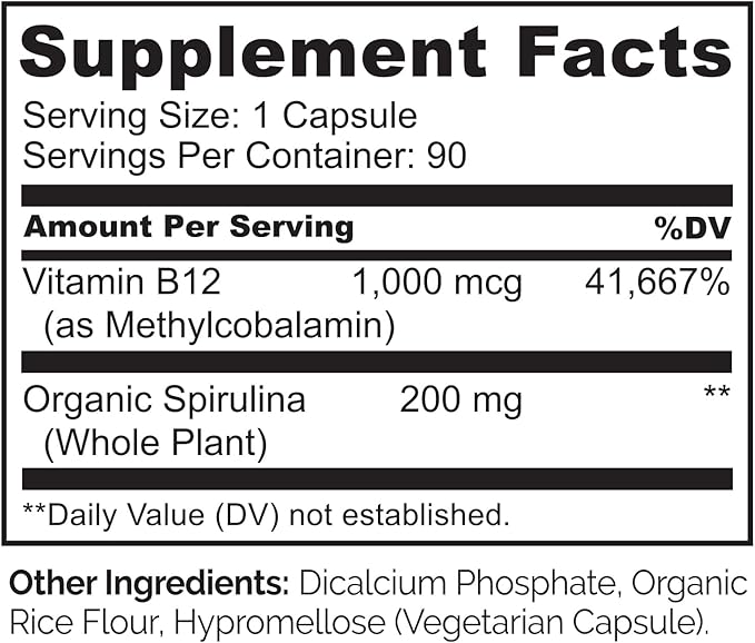 NATURELO Vegan B12 - Methyl B12 with Organic Spirulina - High Potency Vitamin B12 1000 mcg Methylcobalamin - Supports Healthy Mood, Energy, Heart & Eye Health - 90 Capsules (Pack of 2)