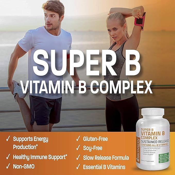 Bronson Super B Vitamin B Complex Sustained Slow Release (Vitamin B1, B2, B3, B6, B9 - Folic Acid, B12) Contains All B Vitamins 250 Tablets