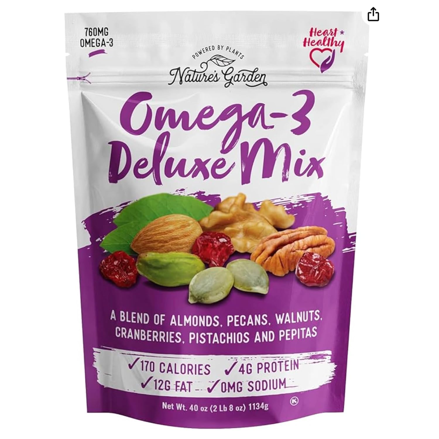 Nature's Garden Omega 3 Deluxe Mix - Healthy Trail Mix, Power Up, Heart Healthy, Gluten Free, Cholesterol Free, Sodium Free, No Artificial Ingredients - 40 Oz Bag