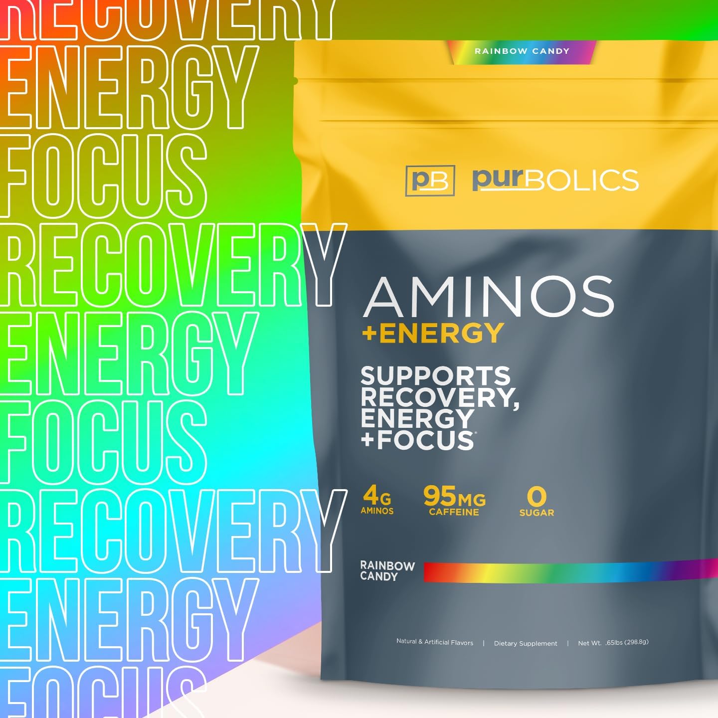 Purbolics Aminos + Energy | Supports Recovery, Energy & Focus | 95mg of Caffeine, 0 Sugar & 60 Servings (Rainbow Candy)