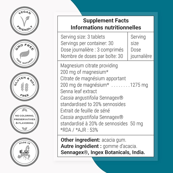 Supersmart SennaLax (Advanced Formula) - Senna Leaf Extract Supplement with Magnesium Citrate | Vegan & Gluten Free - 90 Tablets
