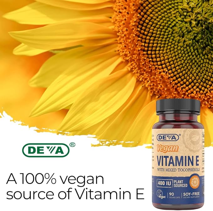 DEVA Vegan Vitamins Natural Vitamin E 400IU with Mixed Tocopherols, Supports Immune System & Skin Nutrition, Natural Antioxidant & Gluten Free, Dairy Free, Non-GMO, 90 Capsules