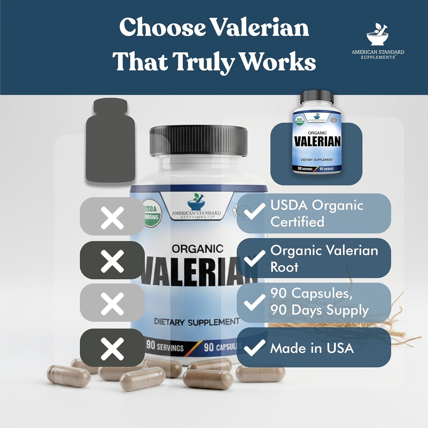 American Standard Supplements Organic Valerian – Vegan, Gluten Free, Non-GMO, 90 Capsules, 90 Servings