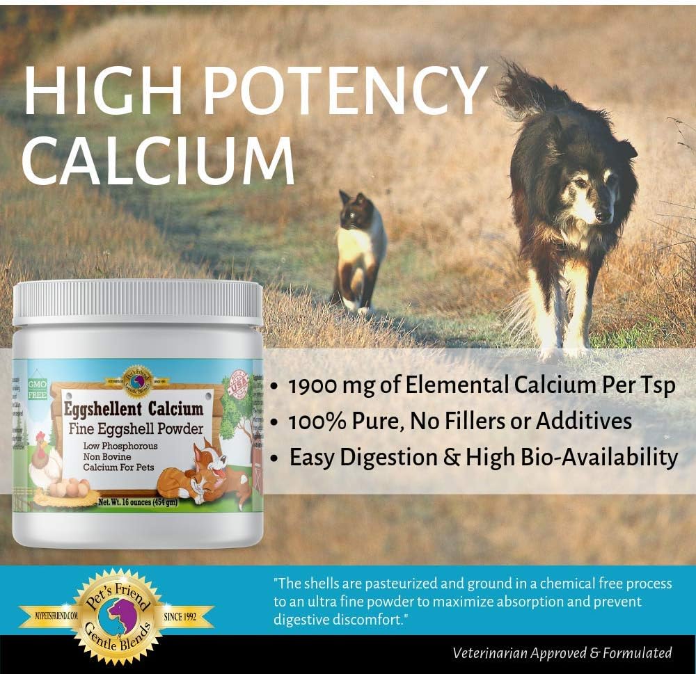 Calcium for Dogs and Cats - Fine Eggshell Powder - Strong Hip & Joint Supplement for Dogs and Cats- Dietary Supplement - No Additives - Pet's Friend Eggshellent Calcium 16oz