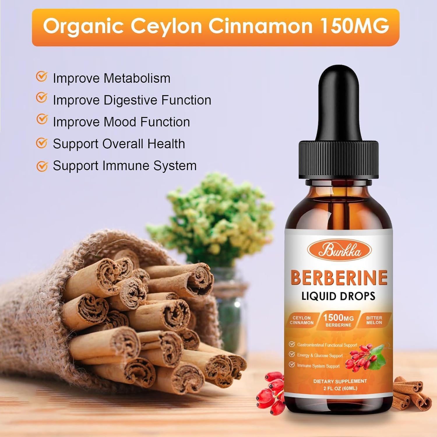 (2 Pack) Berberine Supplement, Berberine Liquid Drops with Ceylon Cinnamon, Bitter Melon, Sugar-Free & Vegan Supplement Supports Immune System & Gastrointestinal Care - 4 FL Oz