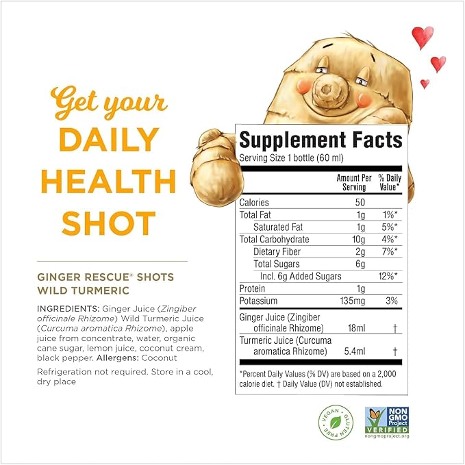 The Ginger People Ginger Rescue Turmeric Shots - Immunity Boosting, Caffeine Free Energy, Digestive Heath, Turmeric, 2 Fl Oz (Pack of 12)