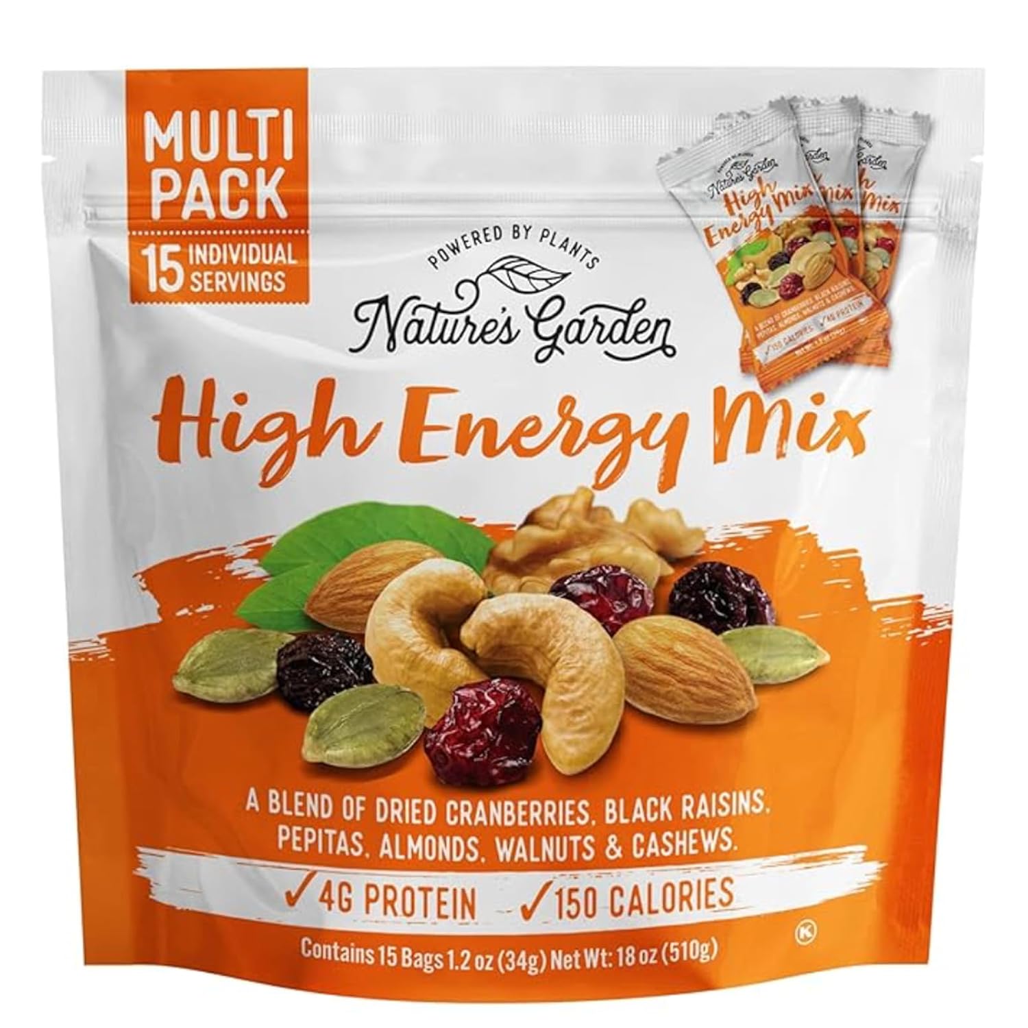 Nature's Garden High Energy Mix, Deluxe Mixed Nuts, Energy Boost, High Energy Trail Mix, Cranberries, Raisins, Almonds, Walnuts, Cholesterol Free, Sodium Free, No Artificial Ingredients – 1.2 Oz Bags (15 Individual Servings)