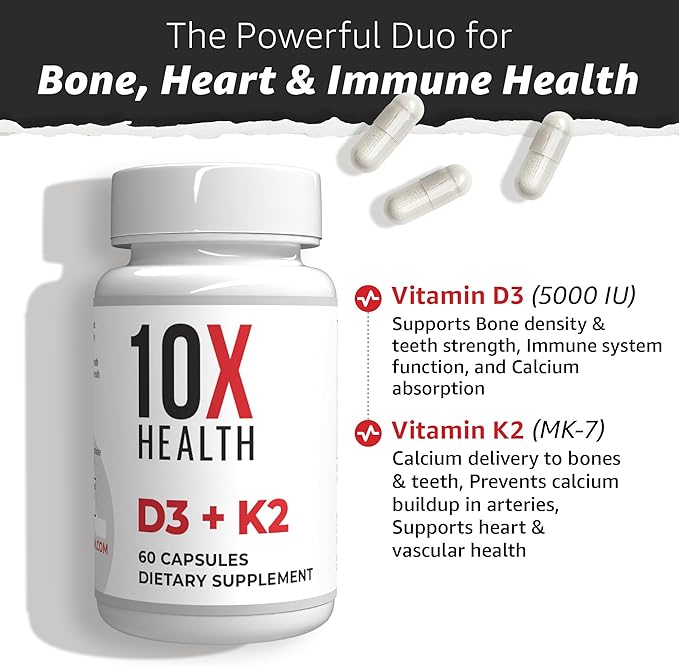 10X Health Vitamin D3 5000 IU & K2 MK7 - Menaquinone 7, High-Potency D3 K2 Vitamin Supplement for Bone Health, Heart and Teeth - 125 mcg Vitamin D & 90 mcg Vitamin K2-60 Capsules