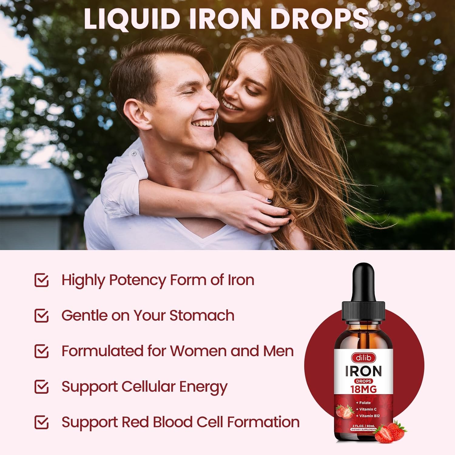 (2 Pack) Liquid Iron Supplement for Women & Men Iron Drops Iron Supplements for Anemia with Folate, Vitamin C, B12 for Red Blood Cell Support-Strawberry, 4 Fl Oz