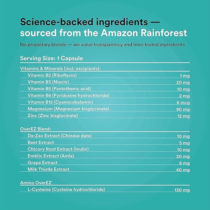 OVER EZ Pre-Drink Supplement - Party Recovery & Prevention Pills for a Night Out & Better Mornings (12 Capsules) & Milk Thistle, Amino Acids, Vitamin Bs