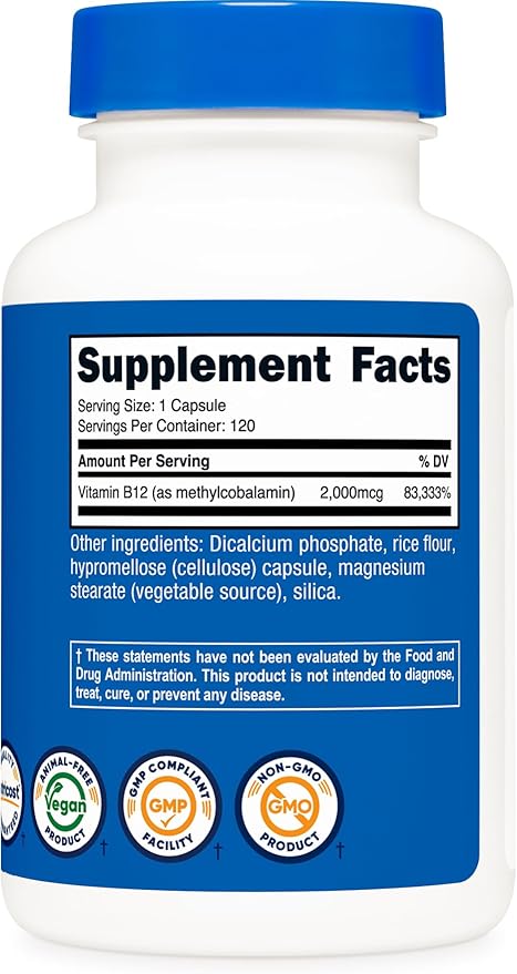 Nutricost Vitamin B12 (Methylcobalamin) 2000mcg, 120 Capsules - Vegetarian Caps, Non-GMO, Gluten Free B12 Supplement