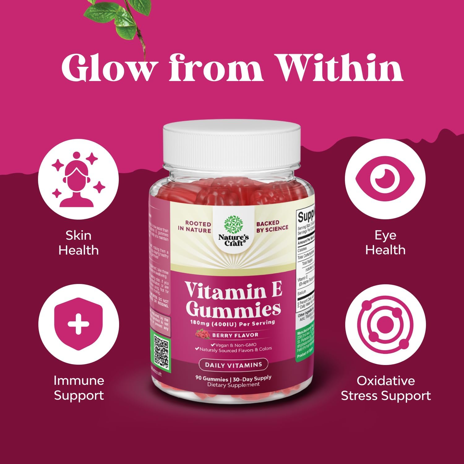 Natures Craft Vitamin E Gummies for Skin Care - High-Potency Vitamin E 400 IU Skin Supplement - Delicious & Easy-to-Take Supplement Promote Health Immune Support & Cellular Protection (1 Month)