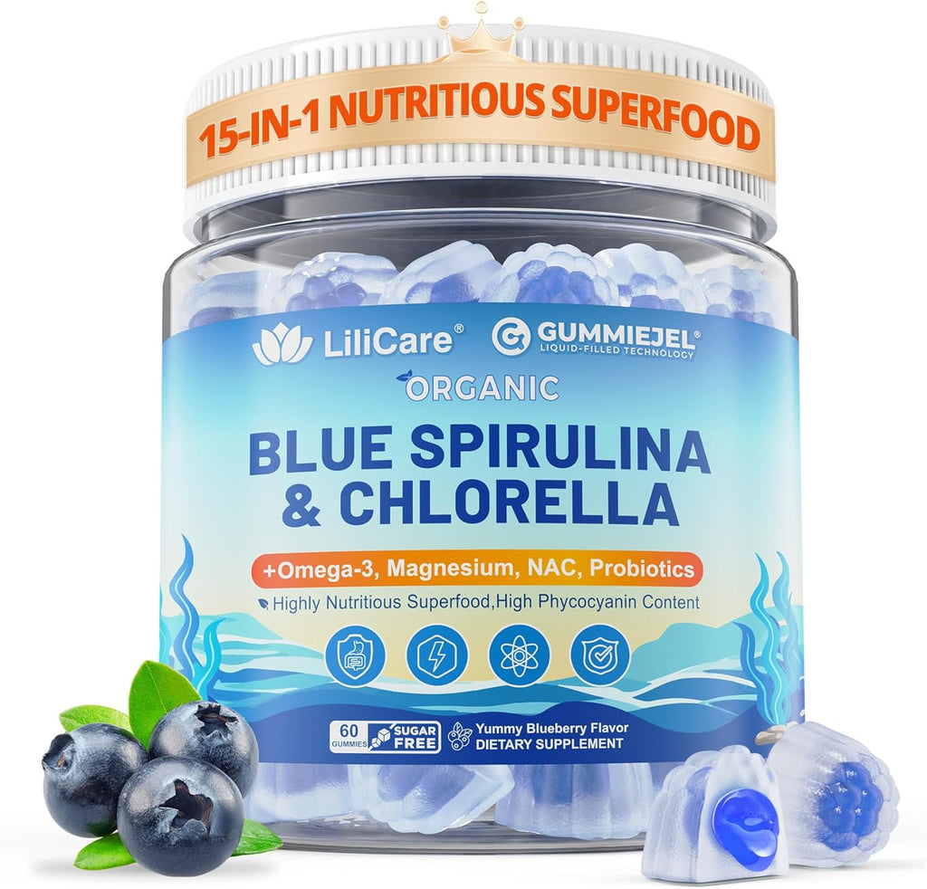 Organic Blue Spirulina Chlorella Gummies, Superfoods & Excellent Source of Vegan High Phycocyanin, Chlorophyll, B-Complex, Essential Minerals for Energy, Antioxidants, Det♡x, Sugar Free, 60 Cts