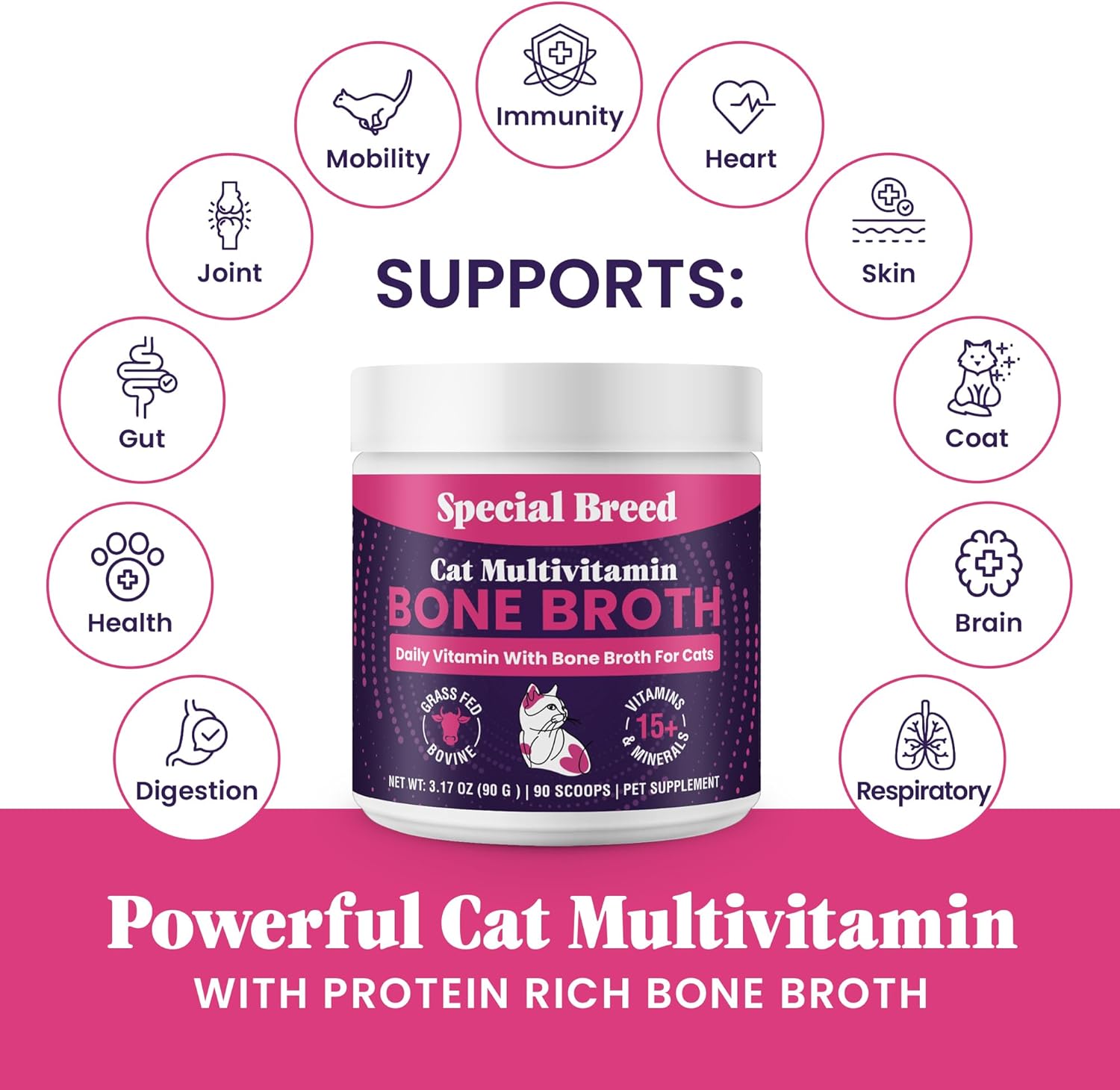 Cat Multivitamin with Grass-Fed Beef Bone Broth – Daily Supplement for Immune, Joint, Skin, Coat & Gut Health – Omega 3s, Lysine, Beta Glucan, Vitamins A-E, C, D – 90 Day Supply – No Fillers
