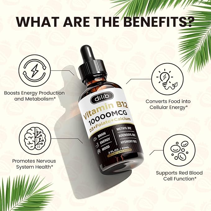 Vitamin B12 Liquid Drops Sublingual 10000 mcg, Triple B-12 Complex Supplement, Methyl & Methylcobalamin Blend for Women & Men, Mood & Energy Booster, Metabolism & Health Support, 2 Pack