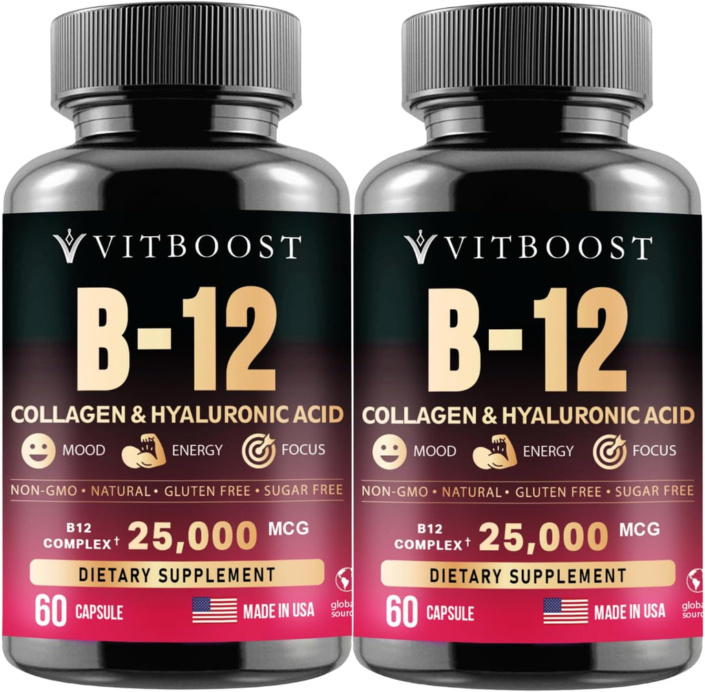 B12 Methylcobalamin with Hyaluronic Acid, Collagen, and Folate – 25000 mcg Supplement Enhance Absorption & Boost Energy | Gluten-Free, Made in USA, B1, B2, B3, B6, B7 Complex - Pack of 2