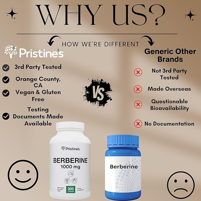 PRISTINE'S Berberine Supplement Capsules - 1000 MG 75 Day Supply 150 Capsules - Heart, & Immunity Health Support Antioxidant - Digestive Tract & Healthy Gut Flora Support