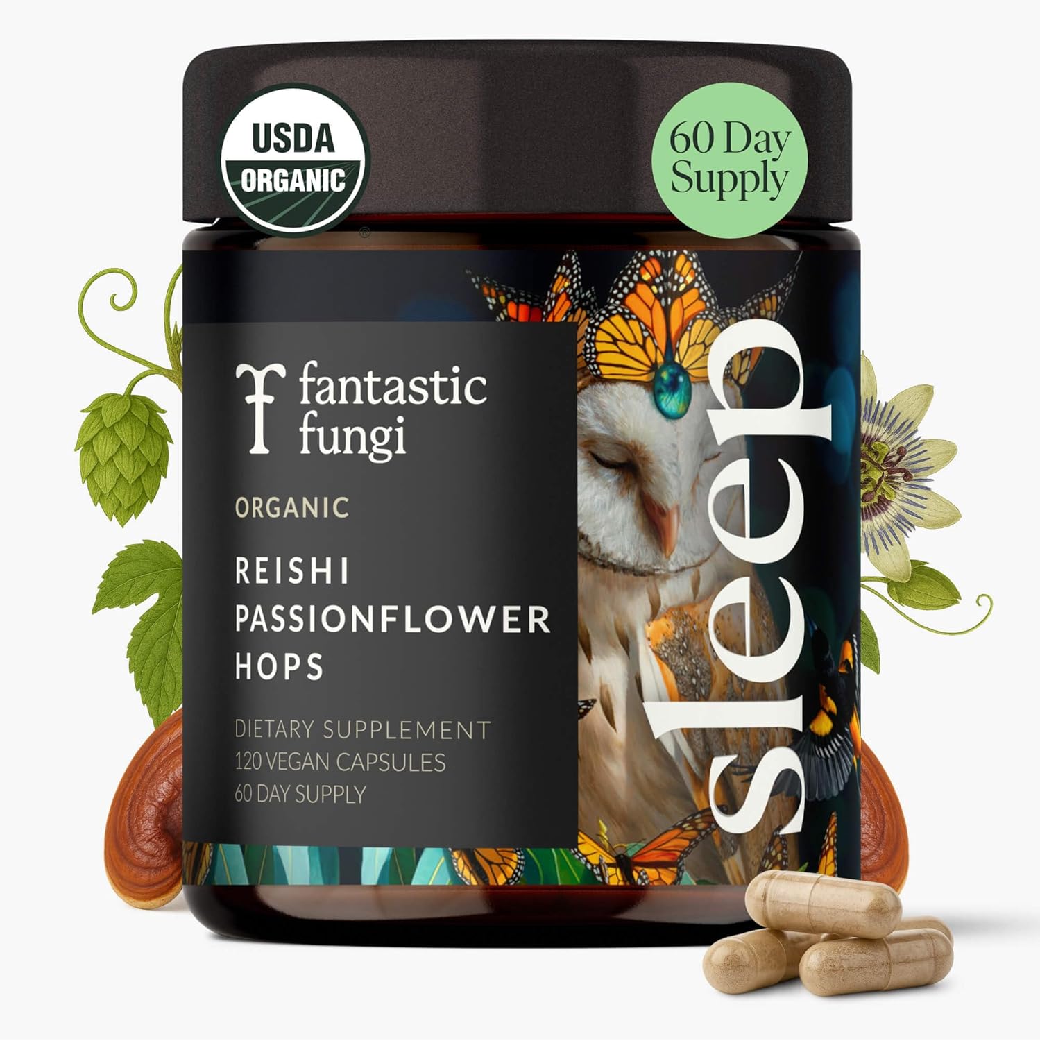 Mushroom Supplement with Reishi, Passionflower & Hops extracts - Sleep Supplements for Adults, Adaptogenic Capsules, 100% USDA Organic Mushrooms Complex - Vegan - Glass Jar, 120 Caps, 2 Month Supply