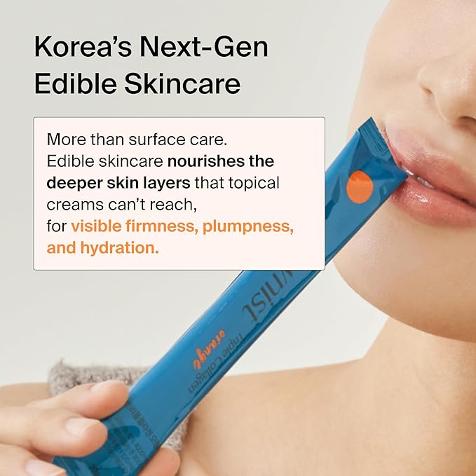 Ownist Triple Collagen Liquid Packets On-The-Go - Peptides with Hydrolyzed Marine Collagen, Elastin, Hyaluronic Acid and Vitamin for Healthy Skin - Orange Flavor - 14 Individual Stick Packs