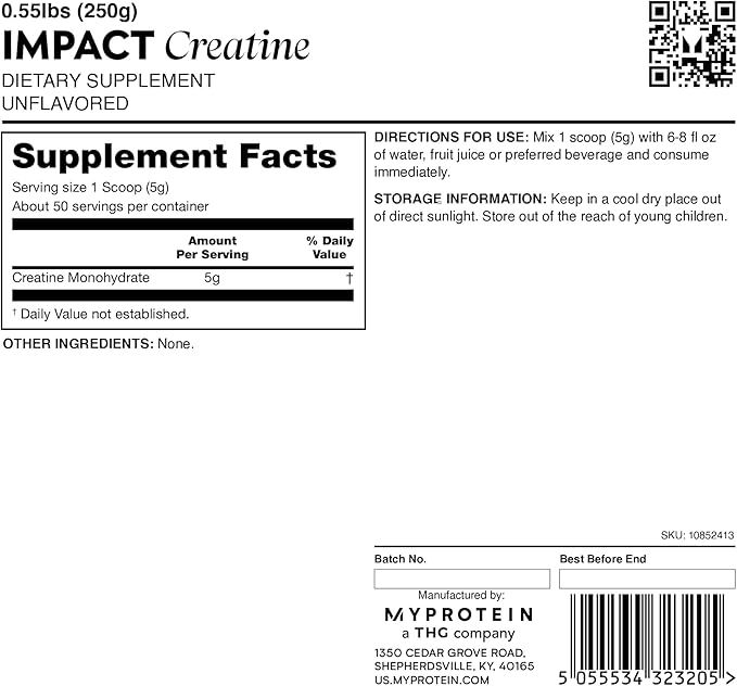 Myprotein Creatine Monohydrate Powder, 50 Servings (0.55lbs) Pure Unflavored Creatine Powder, Post/Pre Workout Supplement for All Sports & Exercises