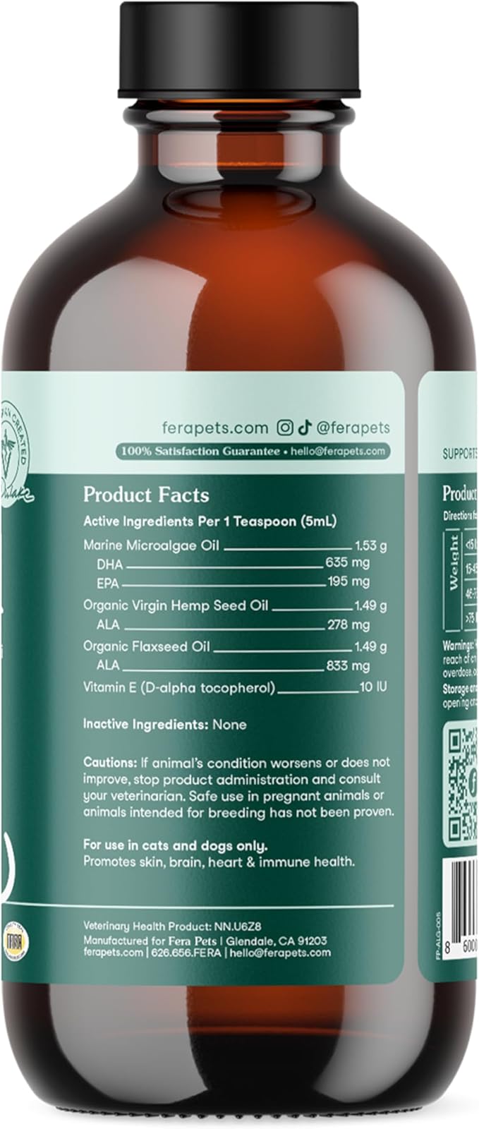 Fera Pets Algae Oil - Cats & Dogs Omega 3 Oil - Vegan - Immune, Heart, Brain, Skin and Coat Support - Includes Vitamin E, Organic Hemp Seed & Flaxseed Oil - 100% Plant Based Omega-3s - 8 oz