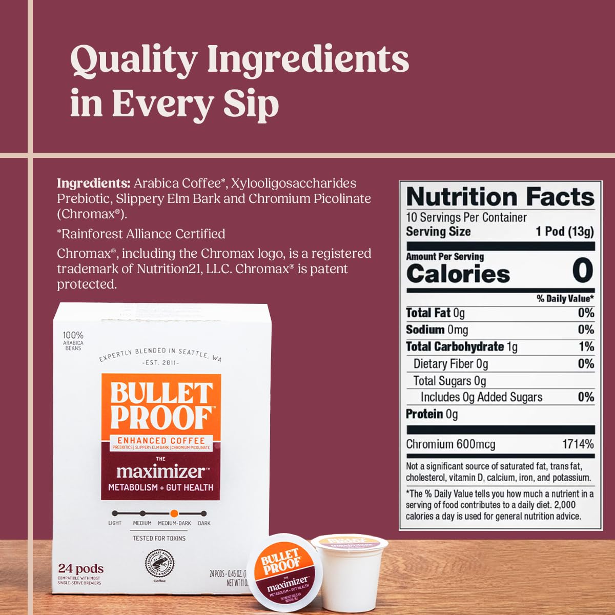 Bulletproof The Maximizer Single-Serve Coffee Pods, 24 Count, Clean Coffee with Prebiotics for Metabolism and Gut Health Support, Packaging May Vary