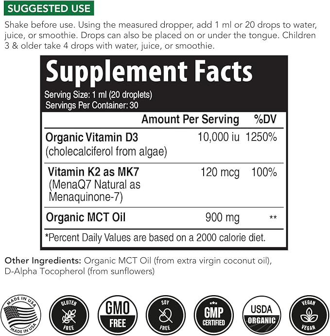 Organic Plant D3 + K2 - 10,000 iu - All-Trans MK7 from MenaQ7 (120 mcg K2)100% Organic & Plant-Based Sublingual D3 Drops (Cholecalciferol), 100% Vegan - Supports Immunity, Bone, Mood & Brain (2 Pack)