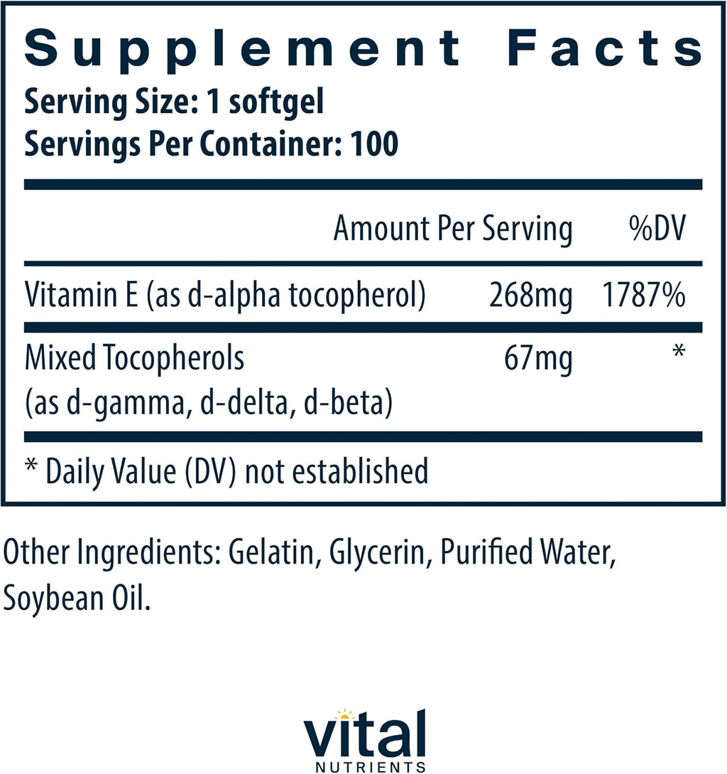Vital Nutrients Vitamin E with Mixed Tocopherols | Potent Antioxidant Vitamin E Supplements to Support Cardiovascular Health* | Gluten and Dairy Free | Non-GMO | 100 Softgels