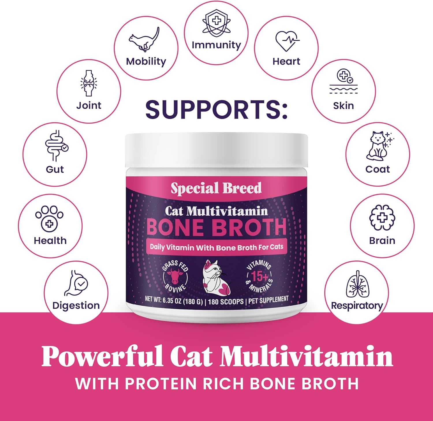 Cat Multivitamin with Grass-Fed Beef Bone Broth – Daily Supplement for Immune, Joint, Skin, Coat & Gut Health – Omega 3s, Lysine, Beta Glucan, Vitamins A-E, C, D – 180 Day Supply – No Fillers