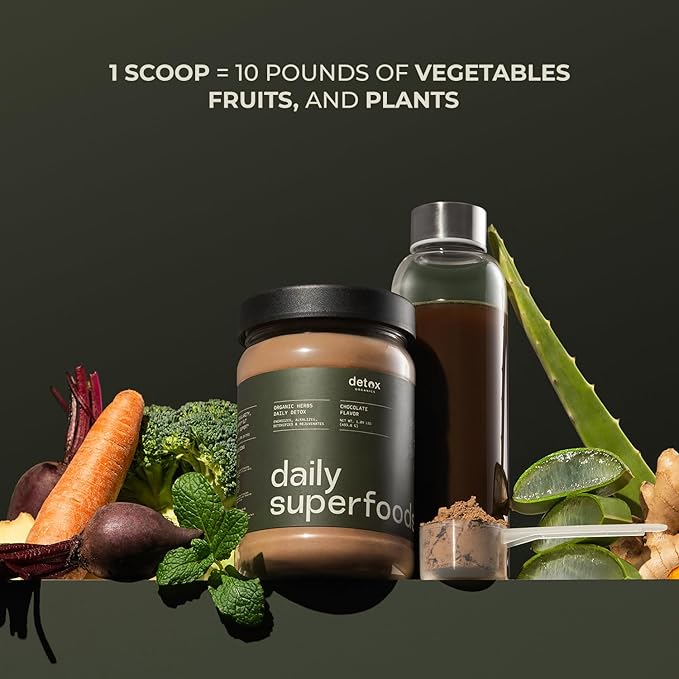 Greens Superfood Powder - Chocolate Flavor to Cleanse & Detox - Smoothie Mix Supplement with Organic Digestive Enzymes, Immune Support, Bloating Relief, Vegan, Low-Carb 30 Servings - by Detox Organics