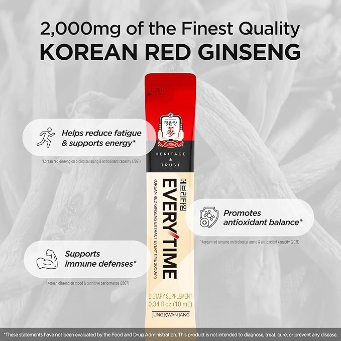 JUNG KWAN JANG Everytime Korean Red Ginseng Extract 2,000mg - Vegan Energy Drink Liquid Stick Supplements with Propolis - No Caffeine, No Gluten, Non-GMO 0.34 fl oz, 10EA (Pack of 6)
