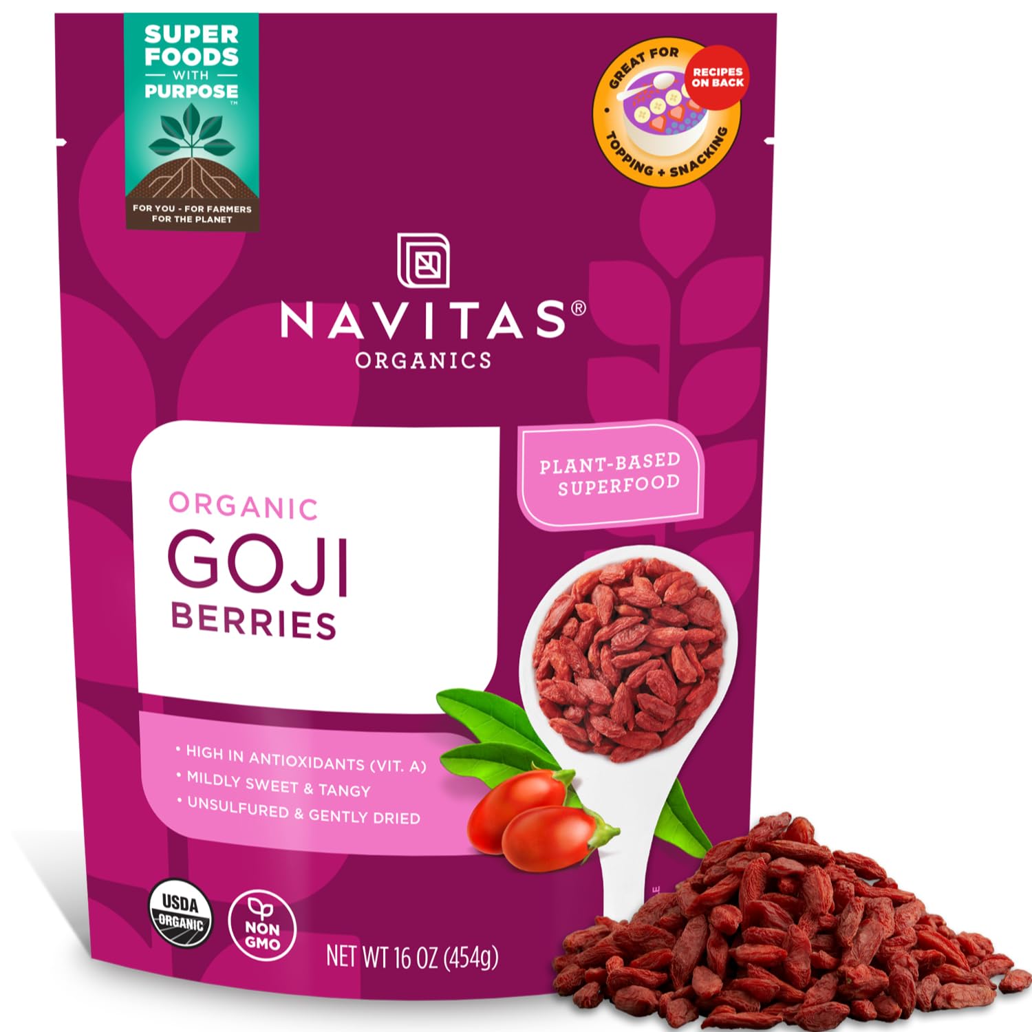 Navitas Organics Goji Berries – For Smoothies, Trail Mix, Baked Goods, Oatmeal & More – Vitamin A, Antioxidants, Fiber – Wolfberry - USDA Organic, Non GMO, Gluten Free, Vegan (16oz. Bag, 15 Servings)