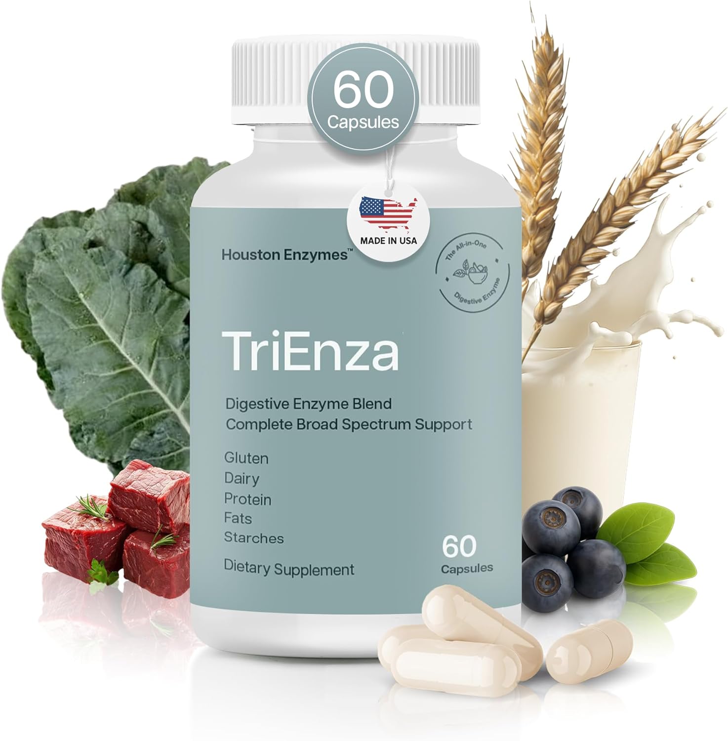 TriEnza - Digestive Enzyme Supplement for Gluten, Casein, Soy, Proteins, Carbohydrates, Fats & Polyphenols - Digestive Enzymes for Women & Men (60 Capsules)