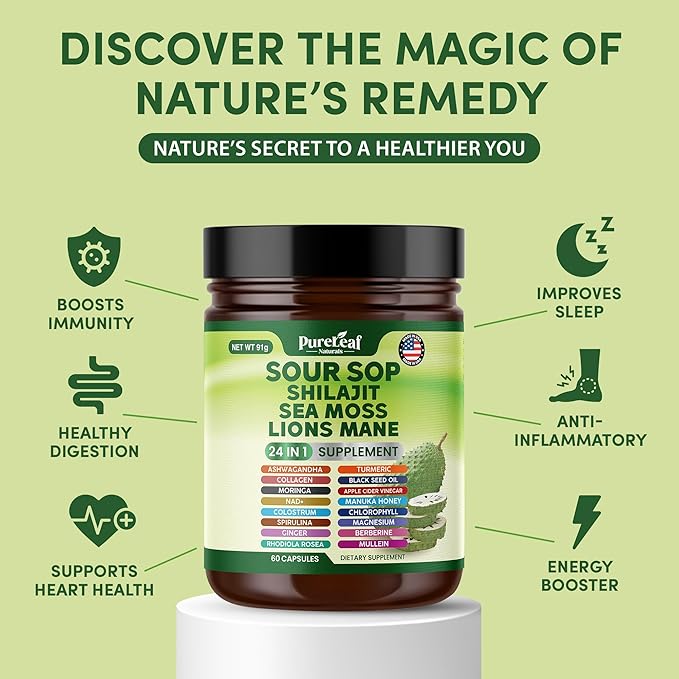 Soursop Shilajit, Sea Moss, and Lions Mane - 24-in-1 Supplement with Ashwagandha, Black Seed Oil, Rhodiola Rosea, Ginger, Collagen, Turmeric - Made in USA - 60 Capsules