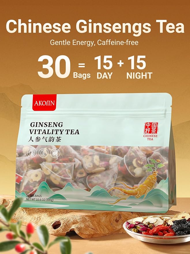 Ginseng Six Treasures Tea - 30 Bags (15 Day + 15 Night), The Daily Glow Duo: Energy & Beauty Tea, Caffeine-Free, Pure Herbal Blend with 10 Traditional Chinese Herbs, Gentle Energy & Focus for Women