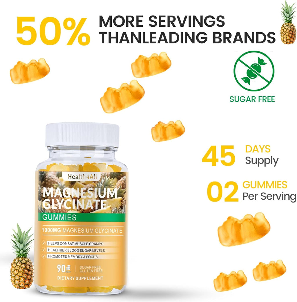 Magnesium Glycinate Gummies 1000mg, High Absorption Sugar Free Magnesium Potassium Supplement for Relaxation, Stress Relief, and Sleep Support for Adults & Kids - 90 Pineapple Gummies