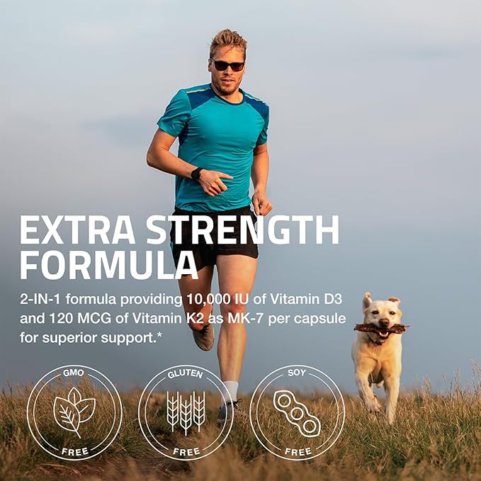 Bronson Vitamin K2 (MK7) with D3 Extra Strength Supplement Bone and Heart Health Non-GMO Formula 10,000 IU Vitamin D3 & 120 mcg Vitamin K2 MK-7 Easy to Swallow Vitamin D & K, 250 Capsules