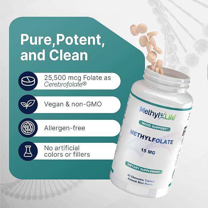 Methyl-Life® L-Methylfolate 15 mg for Women & Men – Active Folate Supplement with ultrapure Cerebrofolate® (L-5-MTHF Calcium) – High Bioavailability B9 Support – Tasty Chewable Tablets | 90 Count