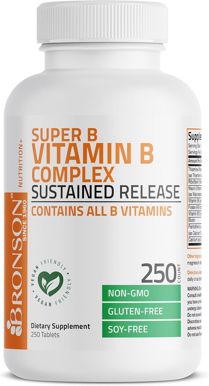 Bronson Super B Vitamin B Complex Sustained Slow Release (Vitamin B1, B2, B3, B6, B9 - Folic Acid, B12) Contains All B Vitamins 250 Tablets