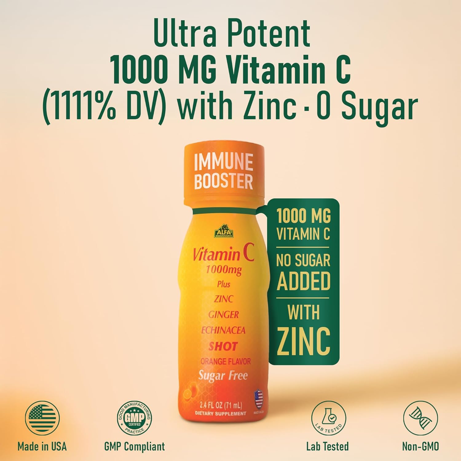 ALFA VITAMINS Vitamin C Shot 1000mg with Zinc, Ginger & Echinacea – Supports Immune Health & Daily Wellness – Orange Flavor – 2.4 FL Oz Bottle – 20 Pack