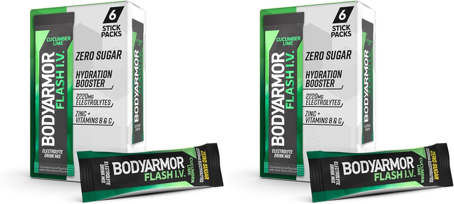 BODYARMOR Flash IV Electrolyte Packets, Cucumber Lime - Zero Sugar Drink Mix, Single Serve Packs, Coconut Water Powder (6 Count) (Pack of 2)