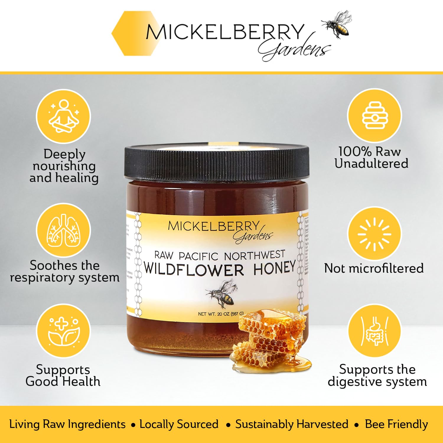 Raw Wildflower Honey - Pure, Unadulterated, Clean, Grade A Strained Honey from the Pacific Northwest (20 ounces)